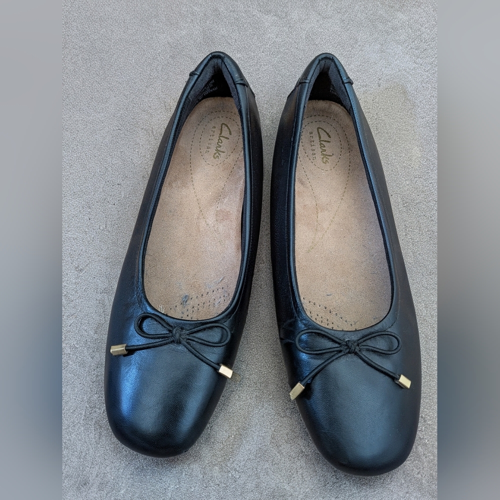 Clarks Black Leather Ballet Flats with Gold-Tip Bow